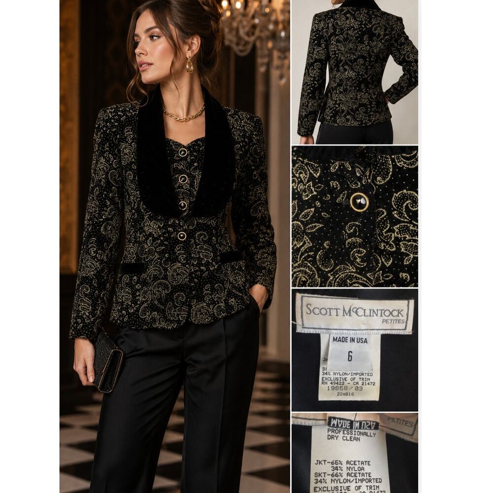 Vintage 90s Scott McClintock Petites Black Paisley Velvet Evening Jacket USA 6